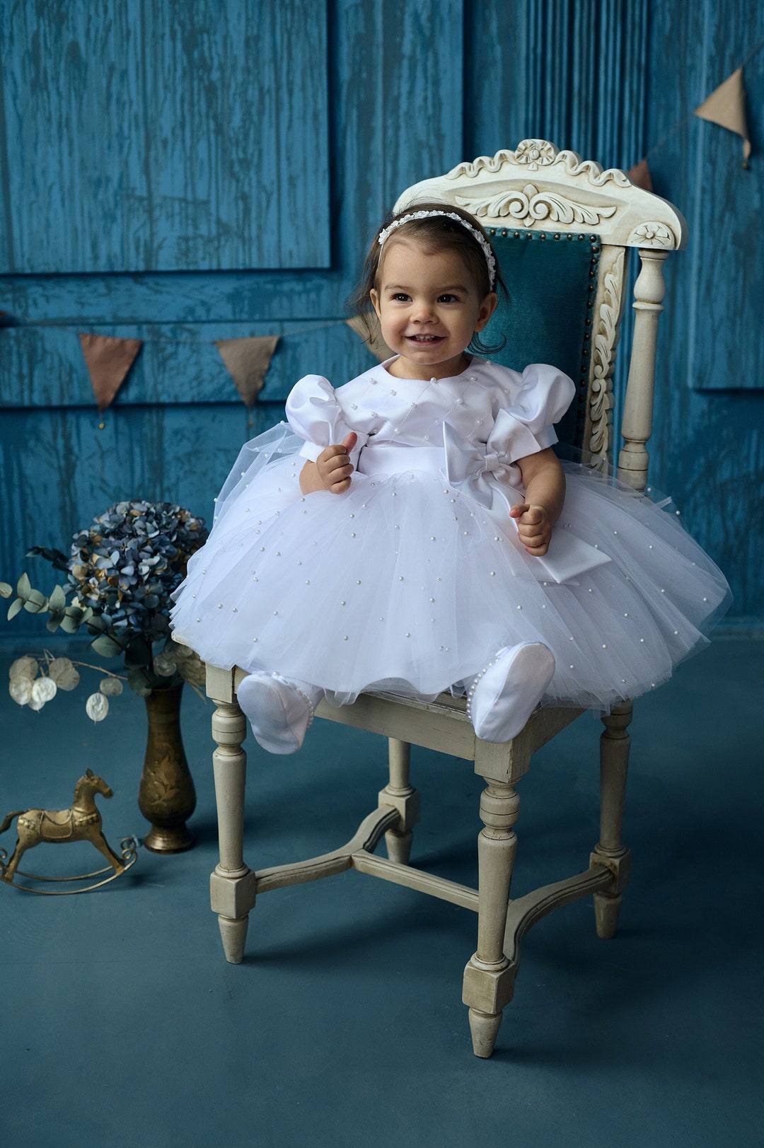 White Baptism Dress With Pearls Baby Blessing Dress Baby Etsy