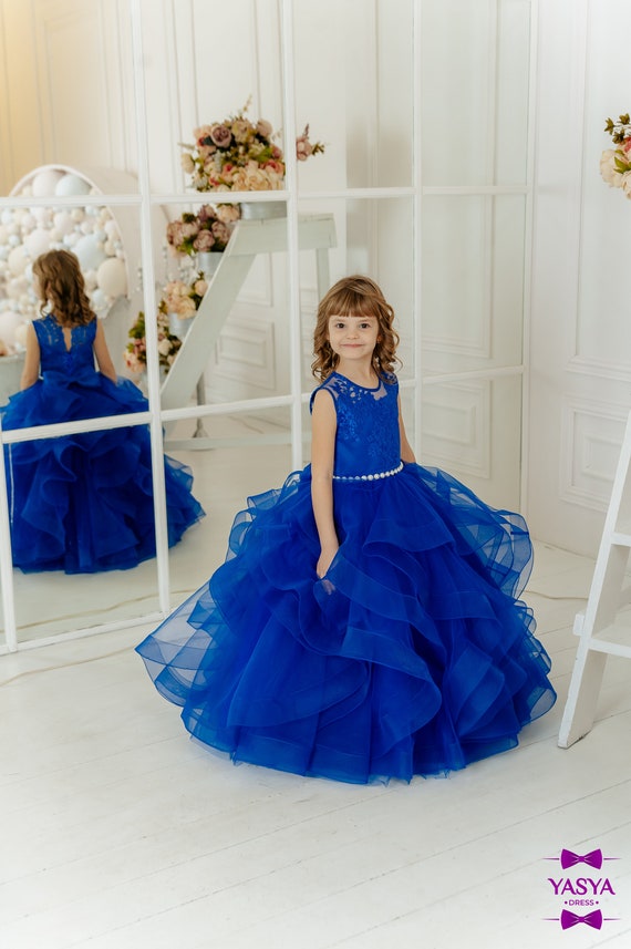 Cute Long Dusty Blue Ball Gown Strapless Princess Flower Girl Dresses –  showprettydress