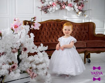 Christening dress for baby girl, white baptism gown, toddler baptism gown, toddler size 2t white baptismal dress