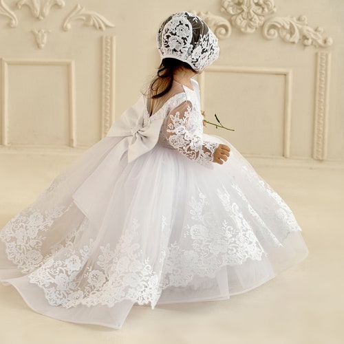 Baby Blessing Dress, White Toddler Baptism Dress with Train, Baptism Dress for Baby Girl, 3T, 2T Baptism Dress, White Christening Dress