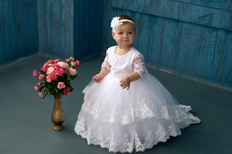 White christening dress, Toddler baptism dress with train, godparent gift, 2t baptism dress for baby girl, custom dress image 4