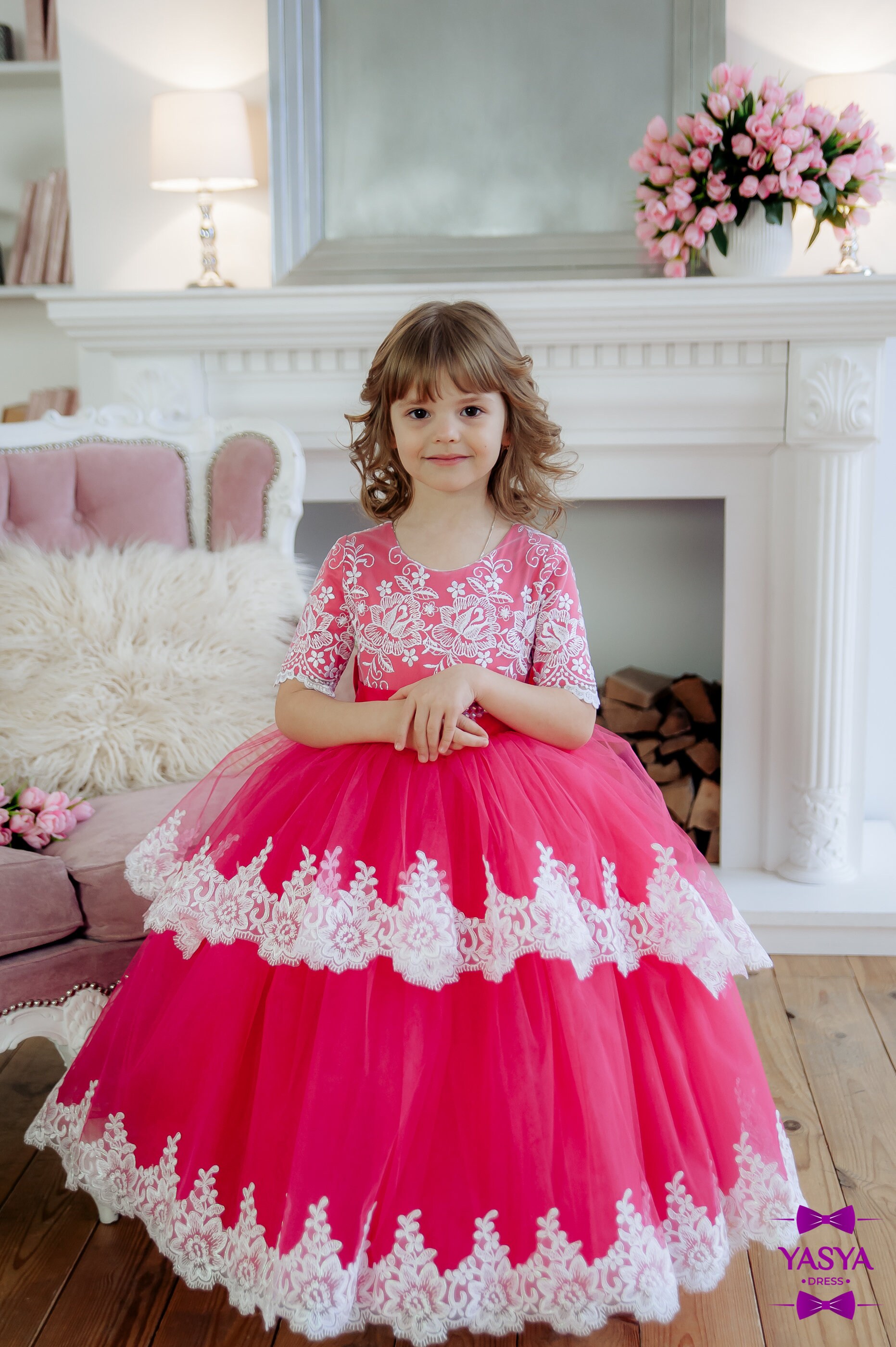 Crimson Flower Girl Dress Long Flower Tulle Gown for Toddler