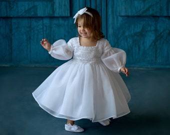 White classic christening gown, Newborn girl dress, 2t baptism dress for baby girl,Baptism dress for toddler girl, godparent gift