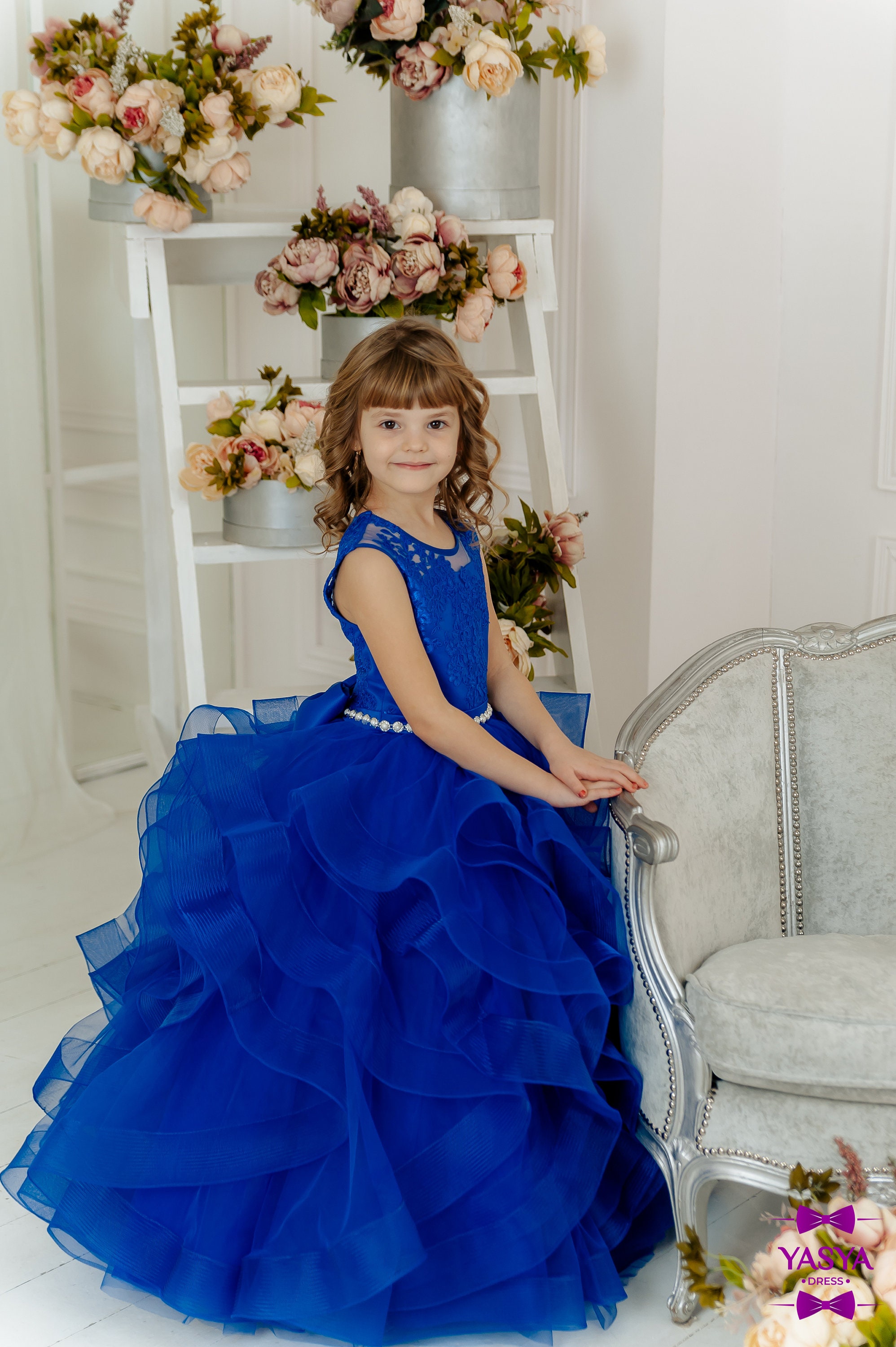 Royal Blue Flower Girl Dress Long Flower Tulle Gown for | Etsy