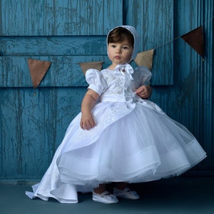 Satin girls dress, Toddler baptism dress with train, white christening dress, Baby flower girl, Baby girl 1st birthday, Princess gown image 1