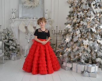 Baby Christmas dress Red and black dress for party, Long Flower Tulle Gown for Toddler Short Sleeve, Baby Princess Dress,