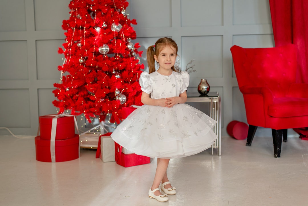 White Baby Christmas Dress, Toddler White Dress, Baby Girl Dress for Xmas with Snowflakes, Baby Christmas Gift, Girls Christmas Outfit
