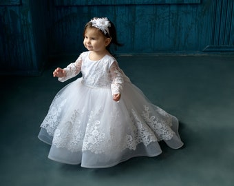 Toddler white christening dress with train, white baptism dress for baby girl, baby blessing dress, 2t baptism dress, 3t, 4t 5t