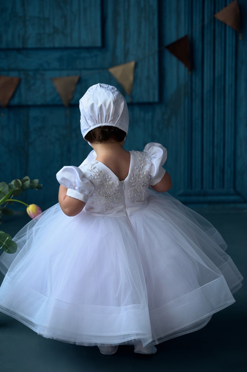Satin girls dress, Toddler baptism dress with train, white christening dress, Baby flower girl, Baby girl 1st birthday, Princess gown image 8