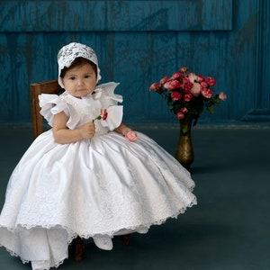 Baby girl baptism satin dress with train, white lace baptism dress for baby girl, baby blessing dress, 2t baptism dress, christening dress image 5