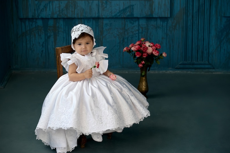 Baby girl baptism satin dress with train, white lace baptism dress for baby girl, baby blessing dress, 2t baptism dress, christening dress image 5