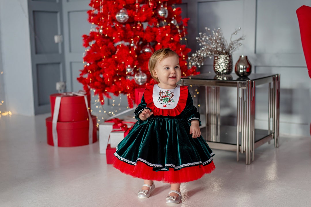 First Christmas Dress, Toddler Christmas Green Dress, Baby 1st Christmas Gift, Photoshoot Tutu, Baby Gown for Christmas Picture