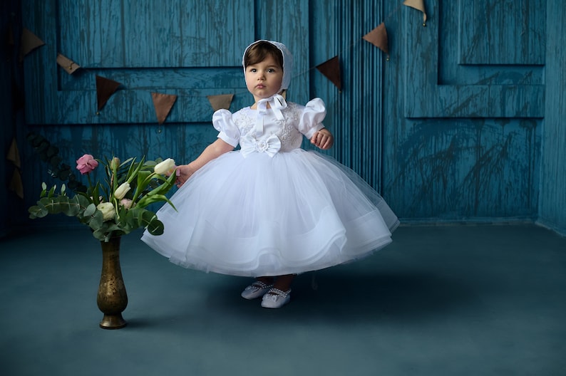 Satin girls dress, Toddler baptism dress with train, white christening dress, Baby flower girl, Baby girl 1st birthday, Princess gown image 7