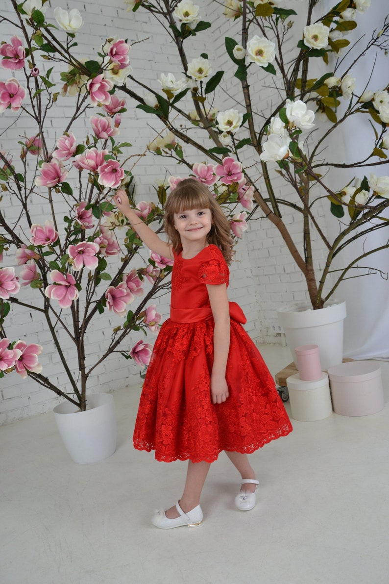 Red lace toddler dress, First birthday baby girl dress, Princess Dress Short Sleeve, baby wedding dress image 1