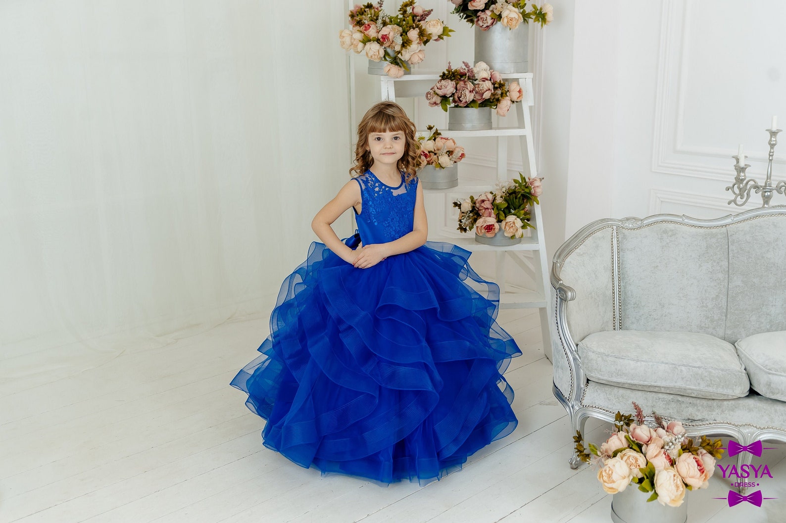 Royal Blue Flower Girl Dress Long Flower Tulle Gown for Etsy