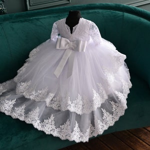 White christening dress, Toddler baptism dress with train, godparent gift, 2t baptism dress for baby girl, custom dress image 6
