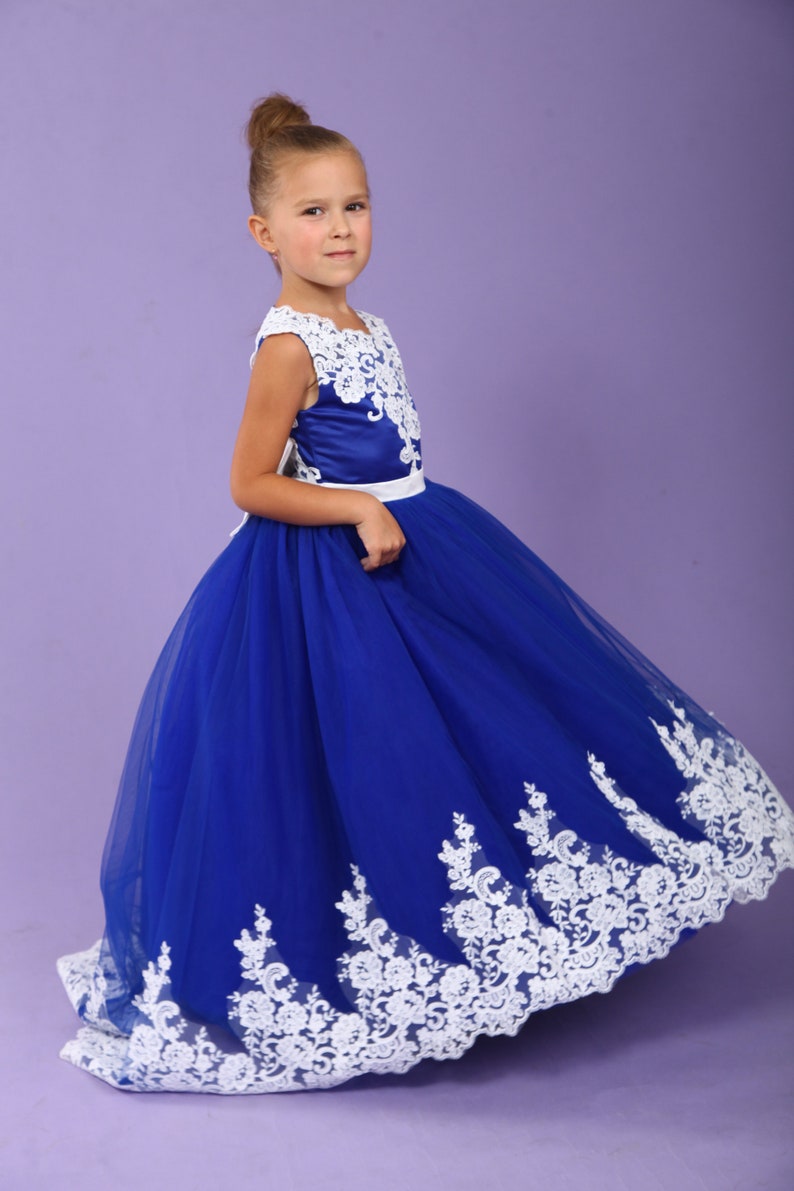 Blue Flower Girl Dress Long Flower Tulle Gown for Toddler Etsy