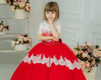 Birthday baby dress, 2nd Birthday Outfit Girl dress, Red flower girl dress, Long flower tulle gown for toddler,Girl wedding dress,