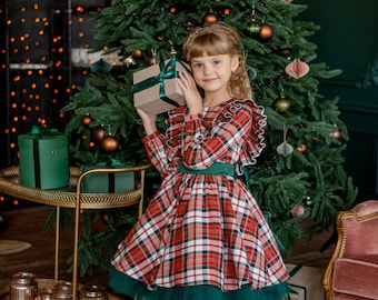 Baby Christmas dress, Tartan Christmas girls dress, toddler Christmas Outfit, little plaid girl dress for Xmas