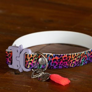 Op de afbeelding: Een halsband voor huisdieren met een levendig, meerkleurig luipaardpatroon in neonroze, paars, oranje en blauw. Het is voorzien van een lichtpaarse metalen gesp, een zilverkleurige D-ring, een hartvormige bedel en een fel neonroze kwastje.