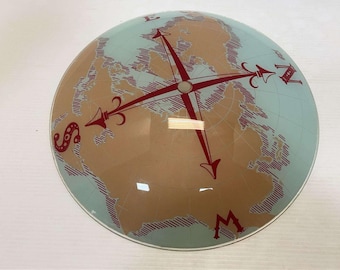 Vintage MCM Compass World Globe Map Ceiling Light Glass Shade Rare 15" Nautical