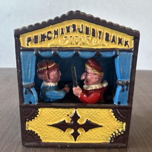 Punch And Judy Cast Iron Mechanical Piggy Bank Hand Painted Vintage Taiwan