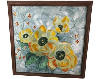Vintage Floral Still Life Oil Painting Signed Donna Framed Yellow Poppy Art 17.5