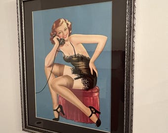 Vintage Earl Moran Pin Up Print Telephone Girl C.S.S. Framed 14184 USA