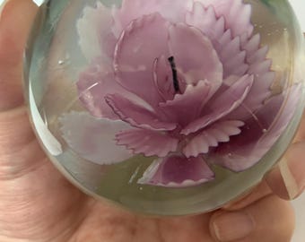 Glass Paperweight with Pink Ruffled flower