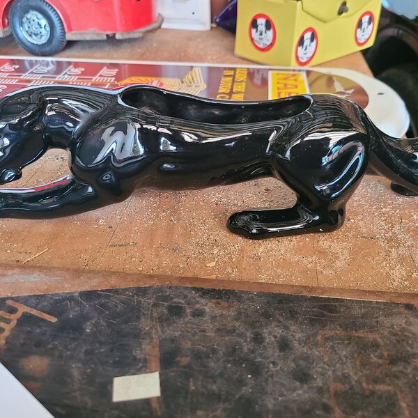 Ceramic Black Panther Planter Glaze Pottery Figurine, Mid Century Design, Mod Home Decor, Mantel Decor, Jaguar Cat