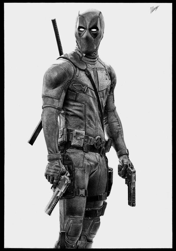 Deadpool graphite pencil drawing marvel art print wall - Etsy México