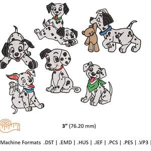 Puede incluir: Cinco diseños de bordado de cachorros dálmatas en blanco y negro, cada uno de 7,6 cm de tamaño. Los diseños incluyen un cachorro con un juguete, un cachorro sentado, un cachorro acostado, un cachorro de pie y un cachorro con la cola enroscada alrededor de su pierna.