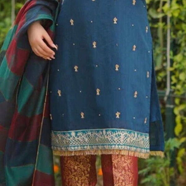 Kameez trouser dupatta three piece stitched Pakistani Indian dress top + bottom + dupatta