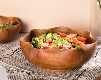 Wooden Acacia  Big Salad Bowl D=19cm (7.4"), Waving Bowl, Rosewood Bowl, Decorative Bowl, Wooden Fruit bowl , Handcarved Bowl , Snack Bowl