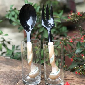 2pcs Large Buffalo Horn Spoons Salad Fork Spoon Set With Triton Snail Handle, Wedding, Engagement ,Anniversary gift, Kitchen Utensil