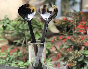 2pcs Large Buffalo Horn Spoons Salad Fork Spoon Set, Wedding, Engagement ,Anniversary gift , Extra long Spoon, Personalized Kitchen Utensils