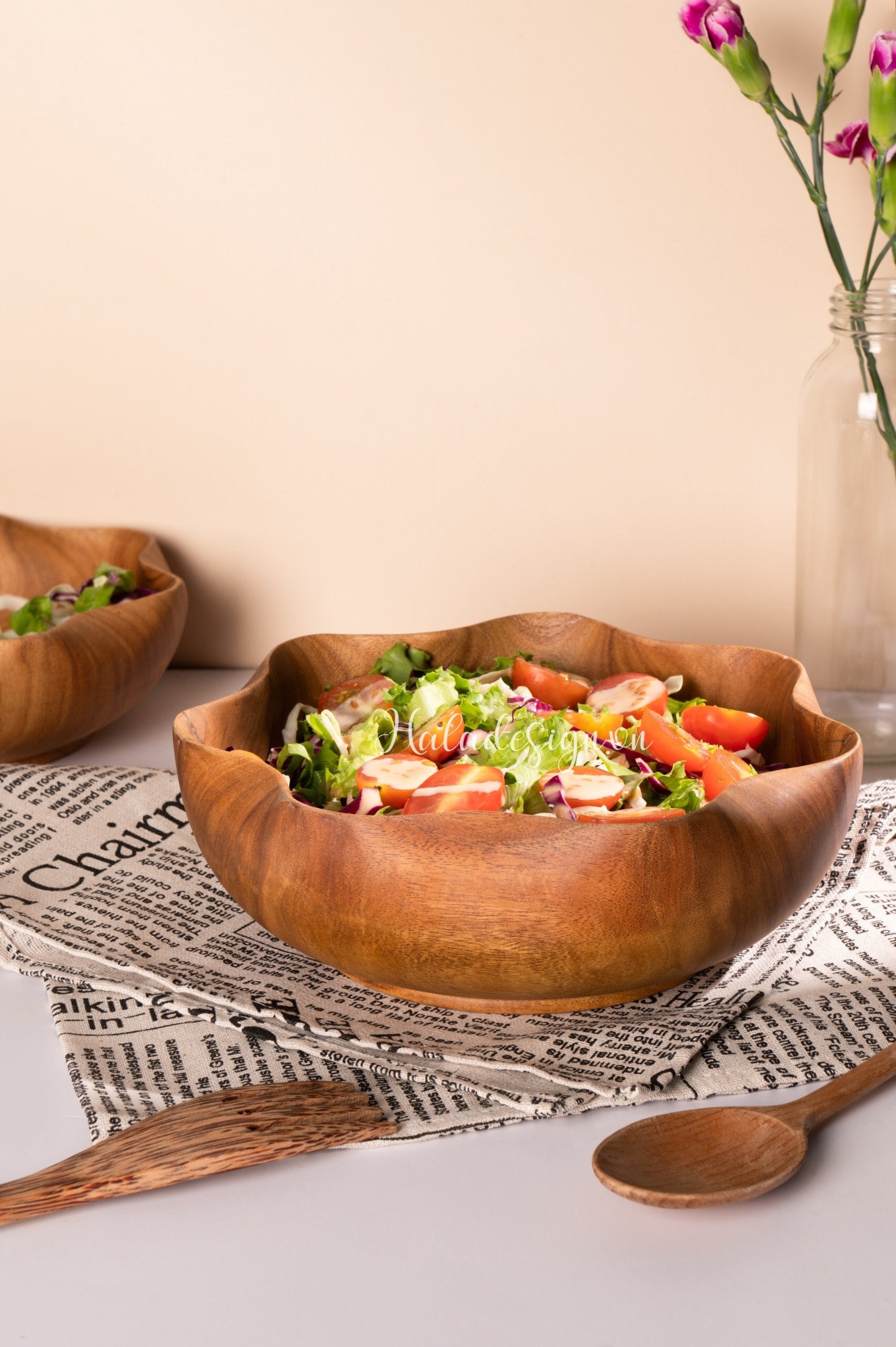 Kitchen Utensils Extra Large Glass Salad Bowl Set With Acacia Wood
