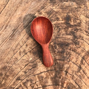 May include: A small, wooden spoon with a reddish-brown color. The spoon is made of a dark wood with a smooth finish. It is sitting on a wooden surface.