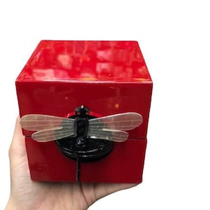 Puede incluir: Una caja roja cuadrada con un cierre de libélula. La libélula tiene alas transparentes y un cuerpo negro. La caja se sostiene en una mano sobre un fondo blanco. La caja parece estar hecha de un material brillante.