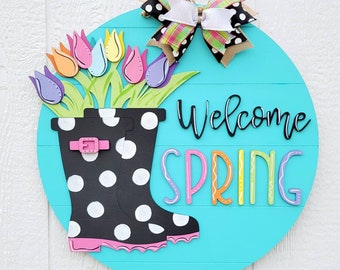 Willkommen Frühling Regenstiefel Türschild | Frühling Porch Decor | DIY Frühling Tür