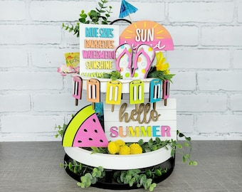 Hello Summer Tiered Tray Set | Sun Kissed Vibes Tray Decor | Set of 7 | DIY Summer Tiered Tray