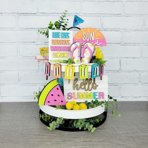 Hello Summer Tiered Tray Set | Sun Kissed Vibes Tray Decor | Set of 7 | DIY Summer Tiered Tray
