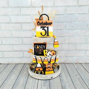 Candy Corn Tiered Tray Set | Halloween Tray Decor | October 31st | Set of 7 | DIY Candy Corn Set