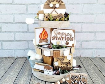 S&#39;mores Tiered Tray Set | S&#39;mores Bar | Set of 8 | Camping Tiered Tray | DIY S&#39;mores Tiered Tray