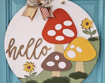 Hello Mushroom Trio Door Hanger | Mushroom Door Hanger | Woodland Theme | DIY Woodland Door Hangers