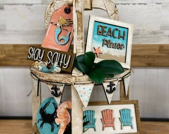 Beach Tiered Tray Set | Beach Decor Set | Set of 7 | DIY Beach Tiered Tray