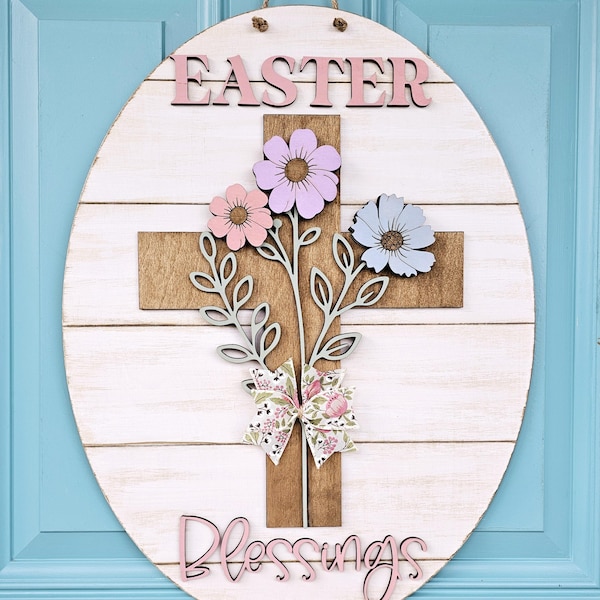 Appendino per porta con croce floreale e benedizioni pasquali / Appendino per porta di Pasqua / Pasqua religiosa / Appendino per porta con croce pasquale fai da te