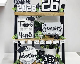 Graduation Tiered Tray Decor Set: Class of 2026, Grad Party Decorations, DIY and Painted Sets
