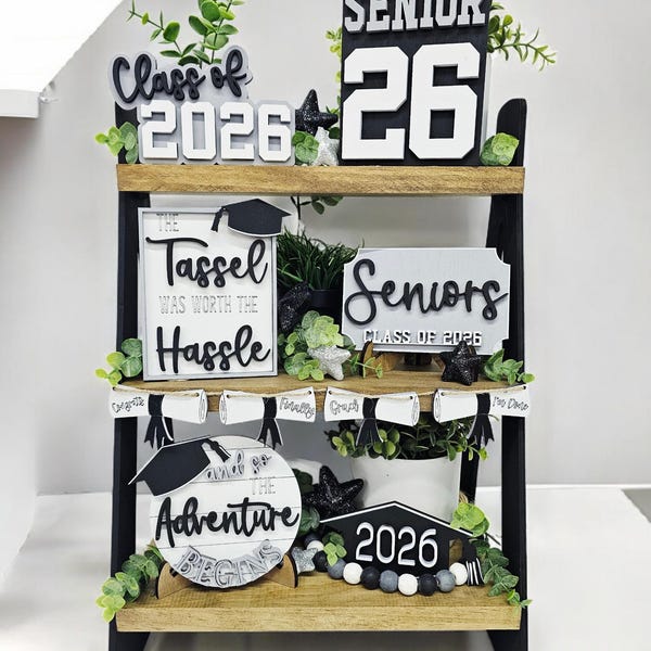 Graduation Tiered Tray Decor Set: Class of 2026, Grad Party Decorations, DIY and Painted Sets