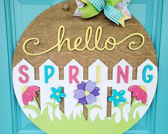 Hallo Frühling Holz Türschild | Blumenzaun Porch Decor